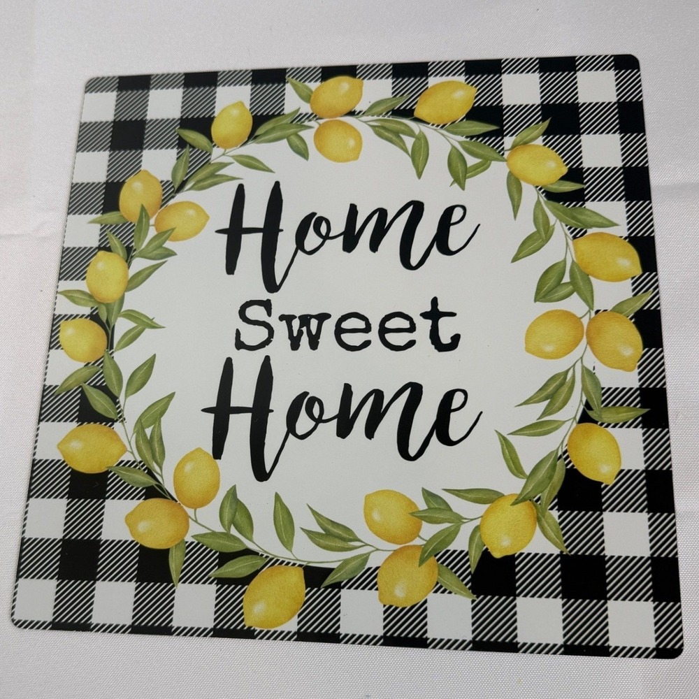Home Sweet Home Metal Sign Buffalo Plaid Lemon Wreath 10'x10" Decor Rustic Craft